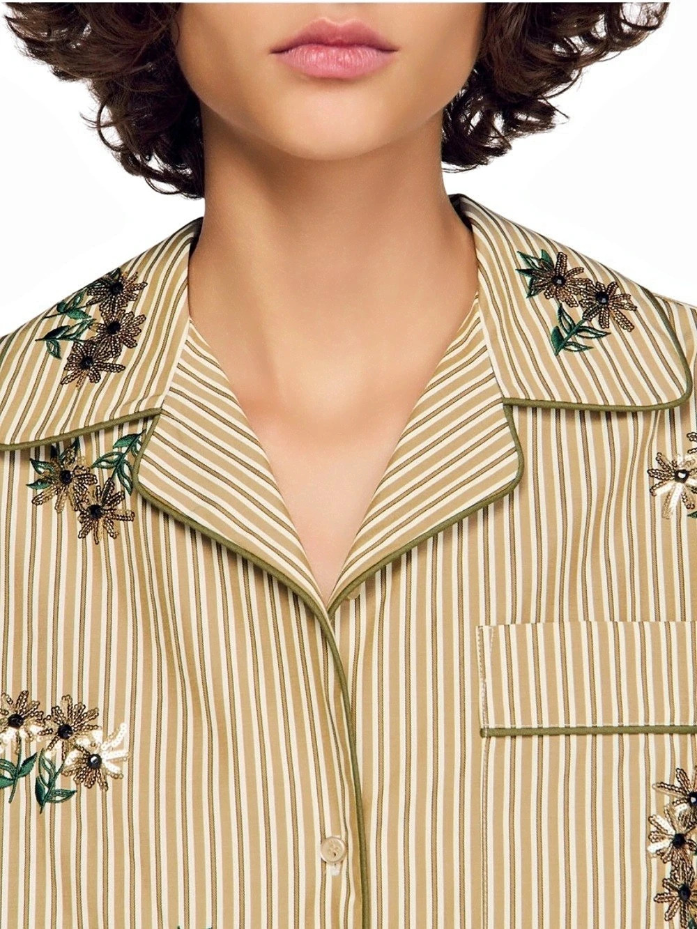 NWT SANDRO STRIPED SHIRT SEQUIN EMBROIDERY 4 white olive brown - Picture 5 of 8
